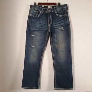 Mens ANTIQUE RIVET Jeans Size 36x30  Straight Blue Denim Distressed NWT